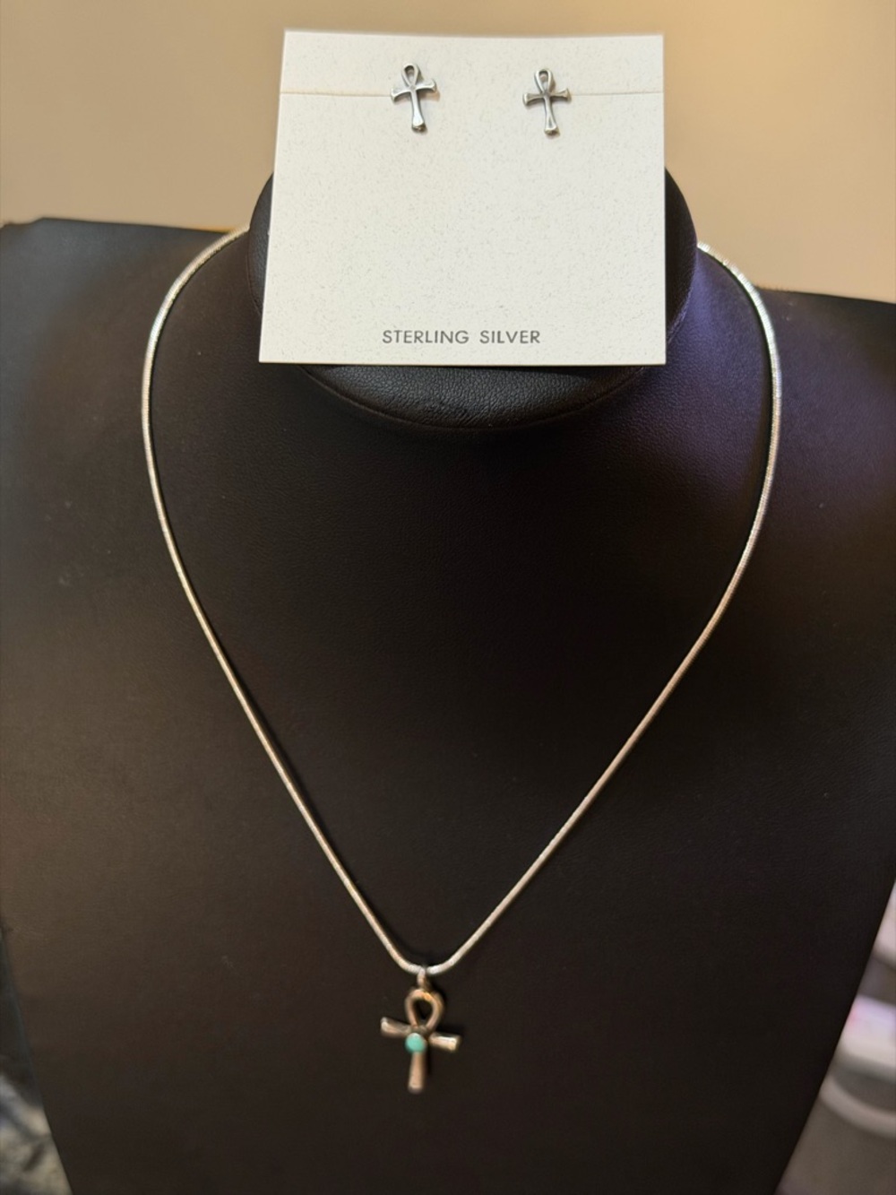 Silver Ankh Pendant Necklace with Turquoise Accent 925 16” chain